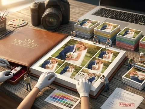 ИИ-обработка свадебных фотографий: команда миниатюрных людей сортирует снимки и ретушируют фото на экране ноутбука